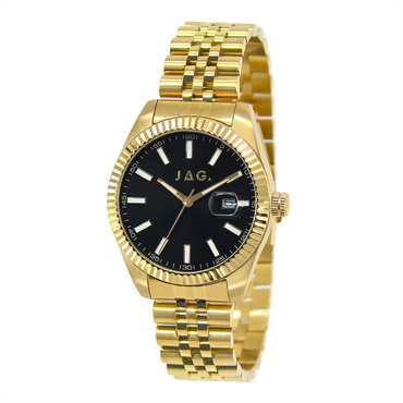 Mens Gold Plated Stainless Steel Black Face Bracelet Watch