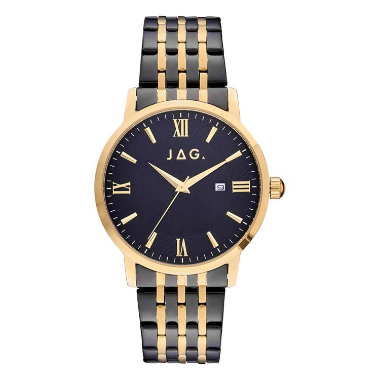 Men's Two-Tone Stainless Steel Watch in Black and Gold Featuring a Black Dial and Gold Markers
