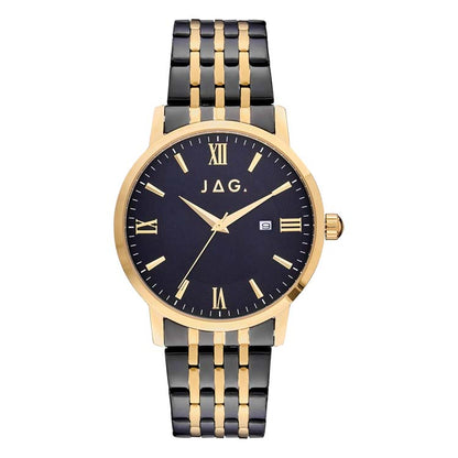 Men's Two-Tone Stainless Steel Watch in Black and Gold Featuring a Black Dial and Gold Markers