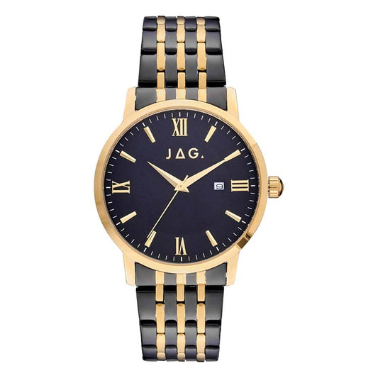 Men's Two-Tone Stainless Steel Watch in Black and Gold Featuring a Black Dial and Gold Markers