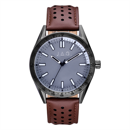 A stylish men's watch crafted from stainless steel, it boasts a blue-grey face and a brown leather band, perfect for dressy occasions.