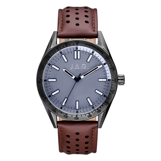 A stylish men's watch crafted from stainless steel, it boasts a blue-grey face and a brown leather band, perfect for dressy occasions.