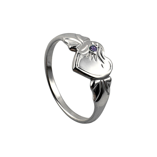 STERLING SILVER SINGLE HEART FEB BIRTHSTONE SIGNET RING