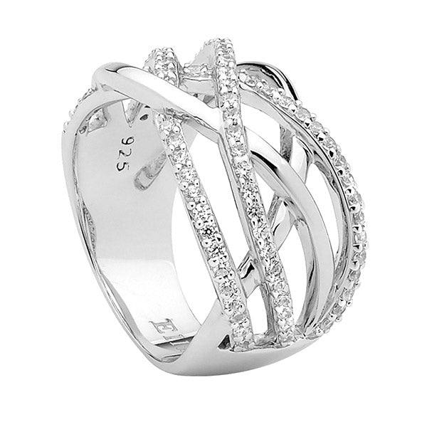 SS Wide Band Cross Over Ring w/ WH CZ - RRP $169 - s10