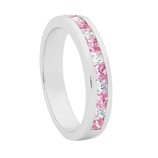 SS Pink & WH Princess Cut CZ Channel Set Ring - RRP $129