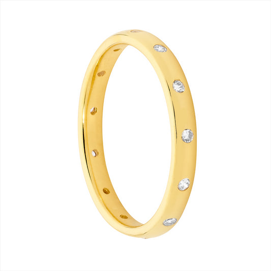 Sterling Silver Wh Cubic Zirconia Hammer Set Eternity Ring W/ Gold Plating - Rrp $89
