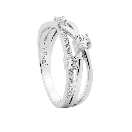 Sterling silver wh cubic zirconia cross over ring w/ cubic zirconia & plain bands - rrp $139