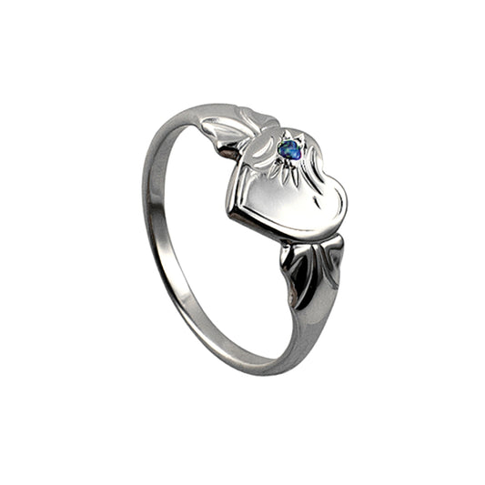 Sterling Silver Single Heart September Birthstone Signet Ring
