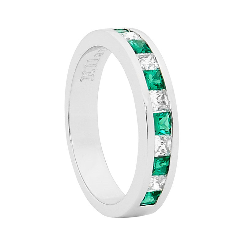 Sterling Silver Green And White Cubic Zirconia Channel Set Ring