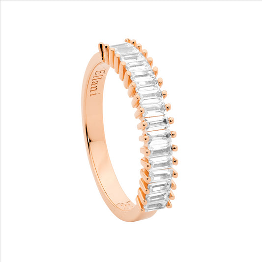 Sterling Silver Rose Gold Plated Cubic Zirconia Claw Set Baguette Ring