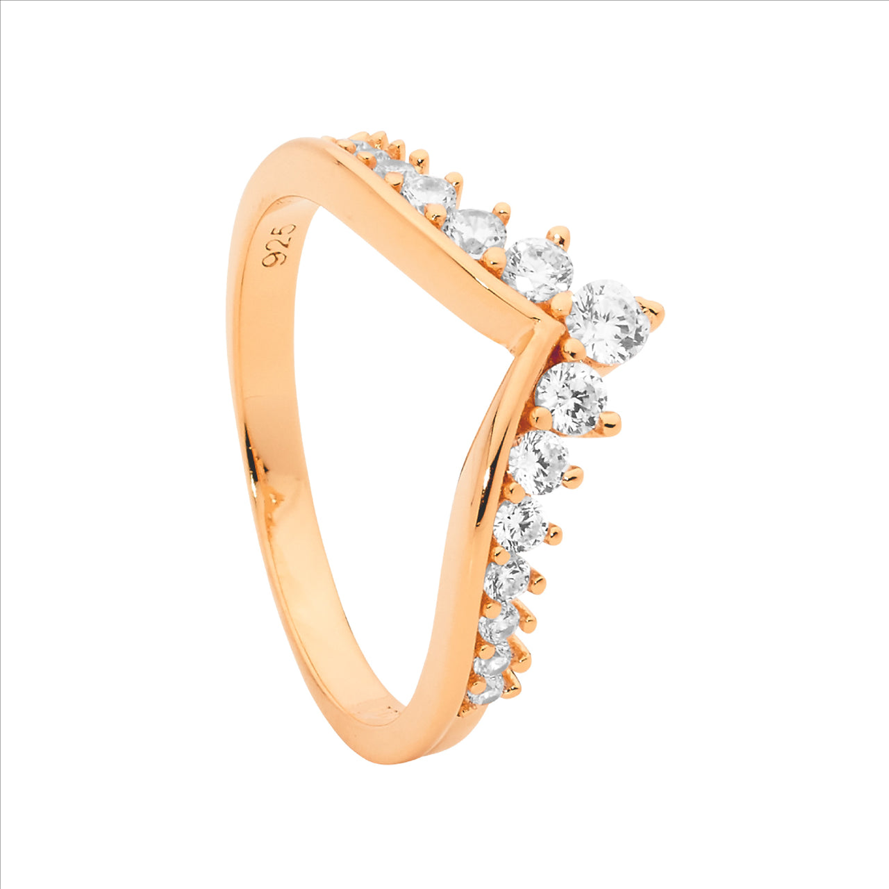 Sterling Silver Rose Gold V Ring With Cubic Zirconias