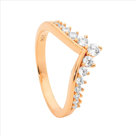 Sterling Silver Rose Gold V Ring With Cubic Zirconias