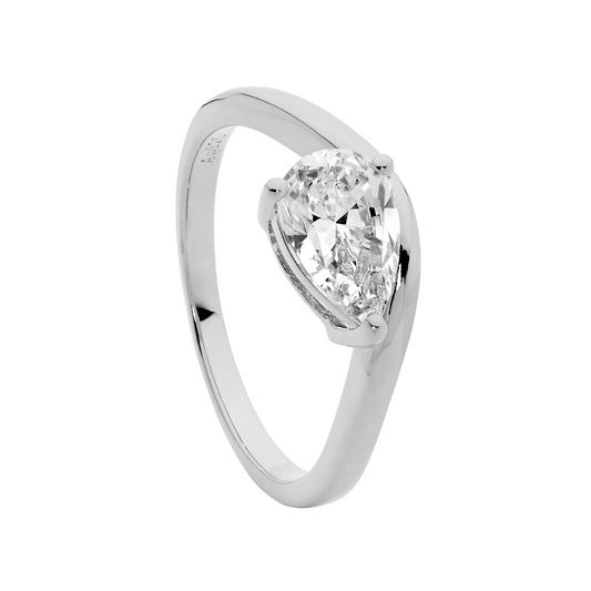 Sterling Silver 6 X 9 Pear Shaped White Cubic Zirconia With/Wave Band