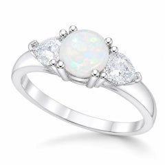 Sterling Silver Round Synthetic Opal And Cubic Zirconia On Side Of Ring Set In 4 Claws