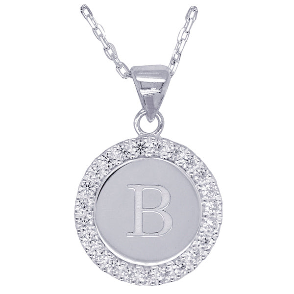 Sterling Silver and Cubic Zirconia B Initial medallion with 45Cm Chain