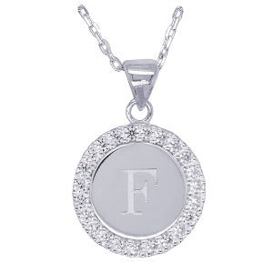 Sterling Silver and Cubic Zirconia F Initial medallion with 45Cm Chain