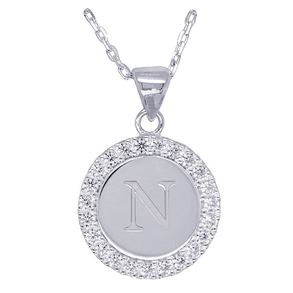 Sterling Silver and Cubic Zirconia N Initial medallion with 45Cm Chain