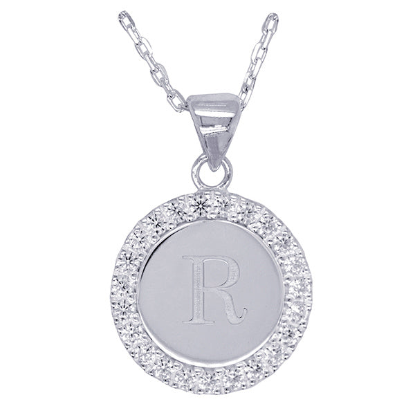 Sterling Silver and Cubic Zirconia R Initial medallion with 45Cm Chain