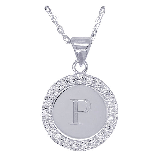 Sterling Silver and Cubic Zirconia P Initial medallion with 45Cm Chain