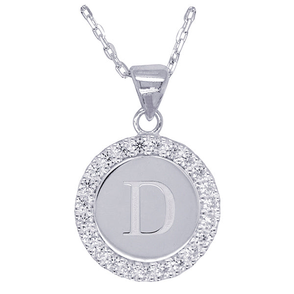 Sterling Silver and Cubic Zirconia D Initial medallion with 45Cm Chain