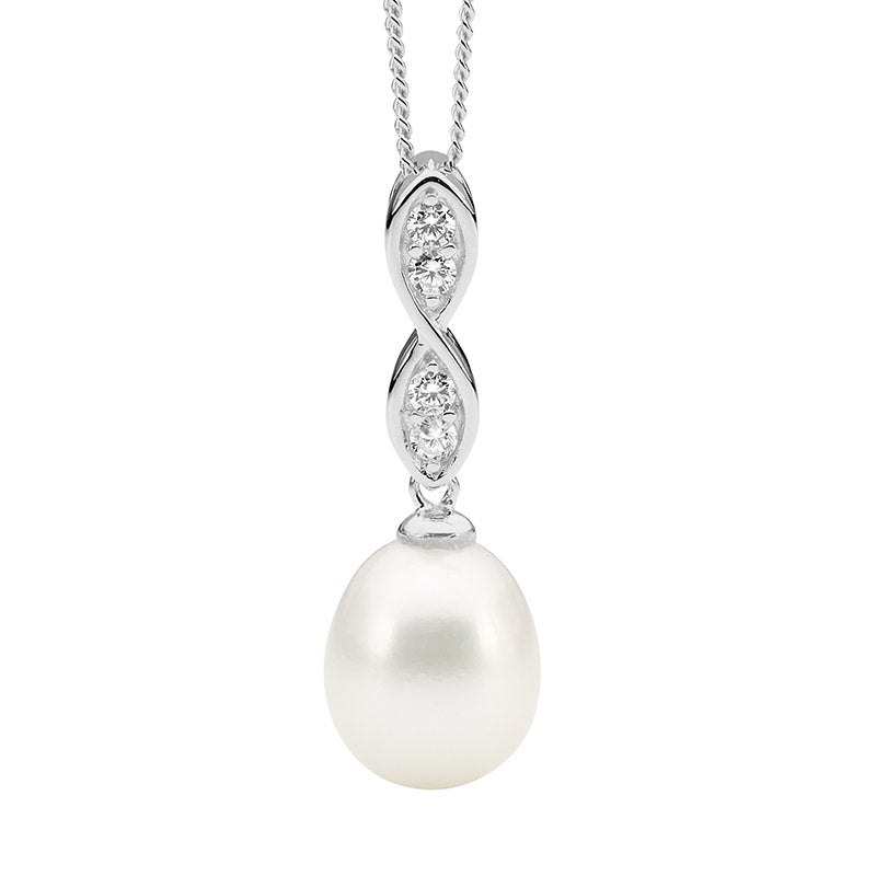 SS WH CZ Twist Drop Pendant w/ Freshwater Pearl - RRP $89