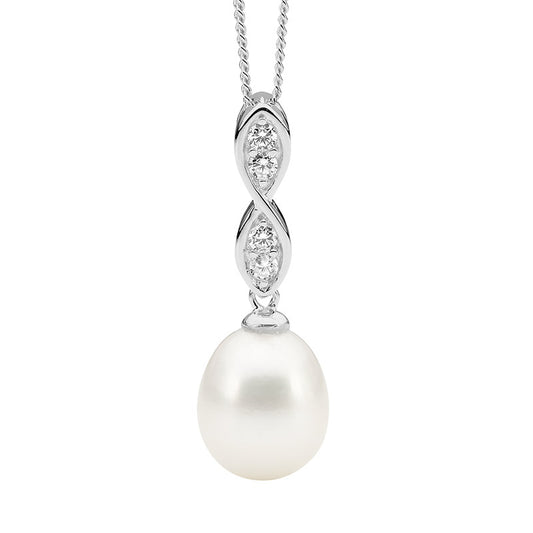 SS WH CZ Twist Drop Pendant w/ Freshwater Pearl - RRP $89