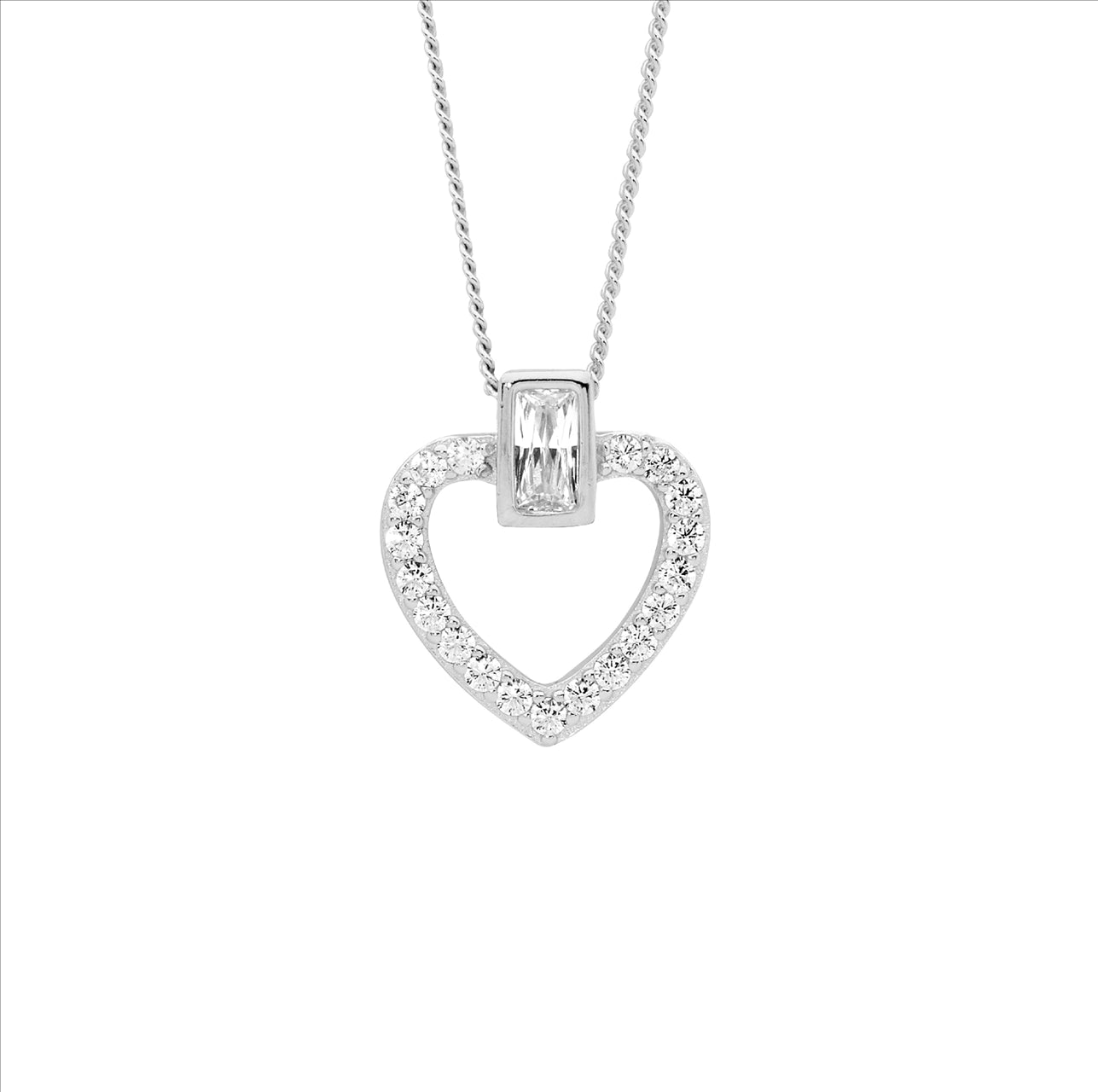 SS wh cz open heart w/ bezel set baguette pendant - RRP $99