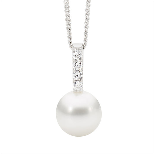 SS WH CZ Drop Bar Pendant w/freshwater pearl - RRP $69