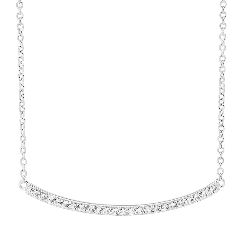 Sterling Silver Single Row White Cubiczirconia Curved Bar Necklace W/ Ext Chain