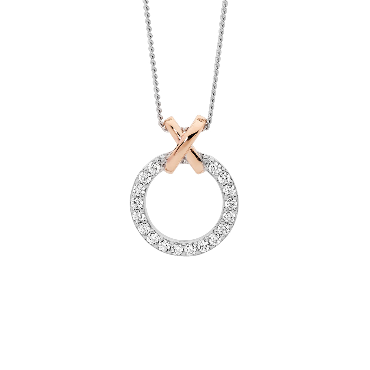 Sterling Silver Cubic Zirconia 13Mm Circle With Rose Gold Plated Pendant