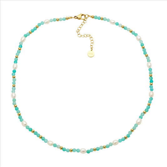 Stainless steel amazonite & freshwater pearl 40cm necklace w/gold ip plating - rrp $129