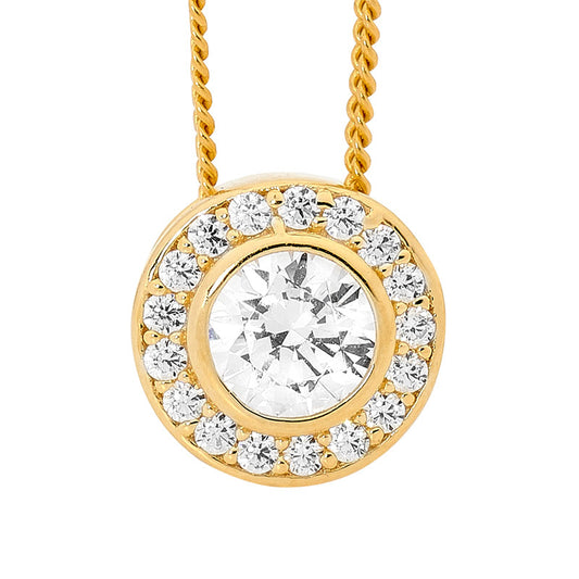 Sterling Silver Gold Plate Round White Cubic Zirconia Pendant