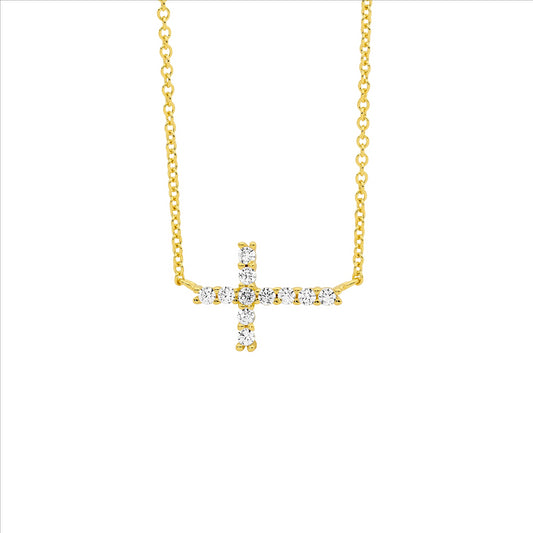 Sterling Silver White cubic zirconia small cross with gold chain