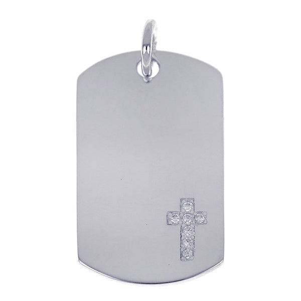Sterling Silver Dog Tag Pendant With Cubic zirconia Cross