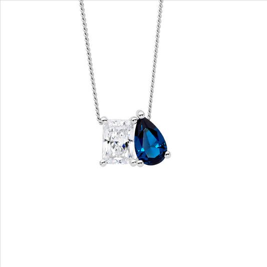 Sterling Silver White And Emerald Cut And London Blue Pear Cut Cubi Zirconia Pendant