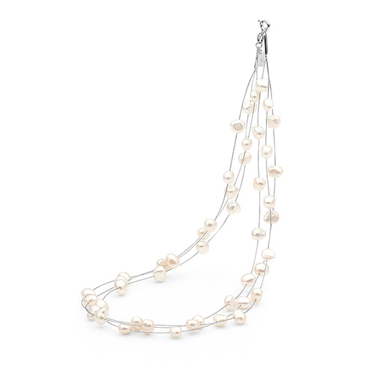 Wandering Pearl Necklace - White 6Mm Fwp Keshi 3 Row Stainless Steel Wire N'Lace 43Cm S/S Bolt Ring Clasp