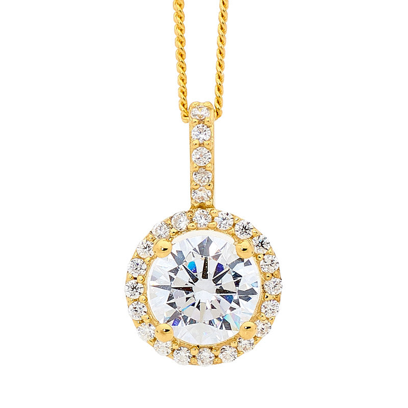 Sterling silver Cubic zirconia Solitare and White Cubic zirconia Surround Pendant W/Gold Plating