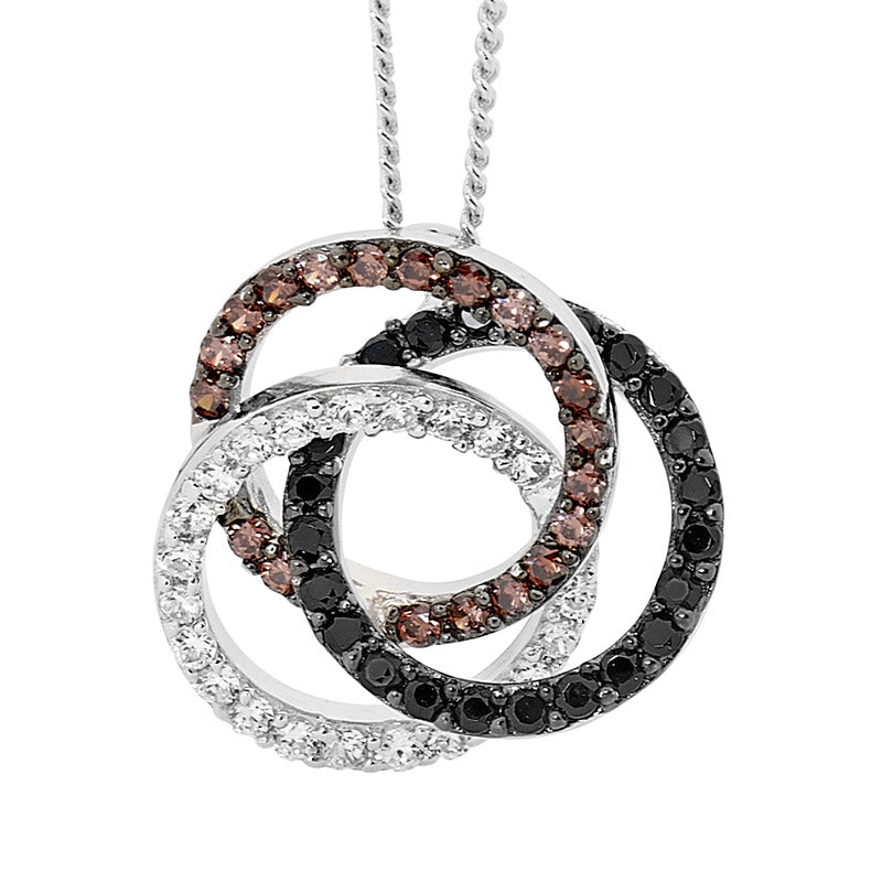 Sterling Silver White Brown And Black Cubic Zirconia Triple Linked Circle Pendant Small