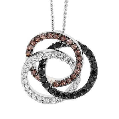 Sterling Silver White Brown And Black Cubic Zirconia Triple Linked Circle Pendant Small