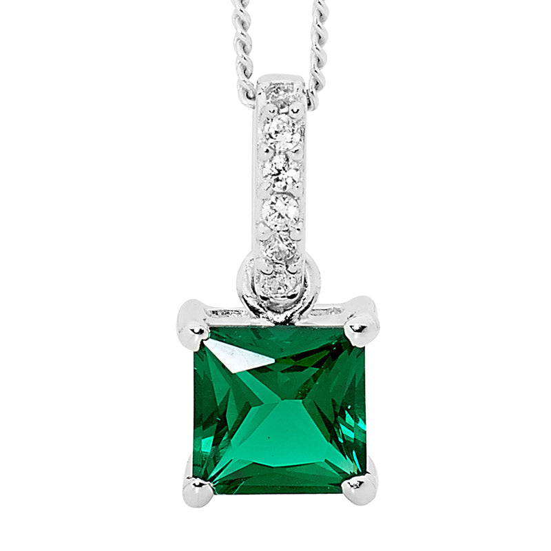 Sterling Silver White And Green Cubic Zirconia Drop Princess Cut Pendant