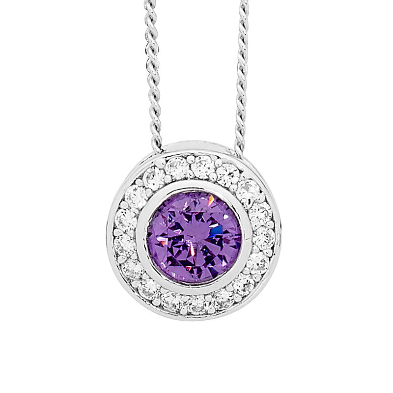 Ss Round Amethyst Cz Sol.W/Cz Claw Surround Pendant