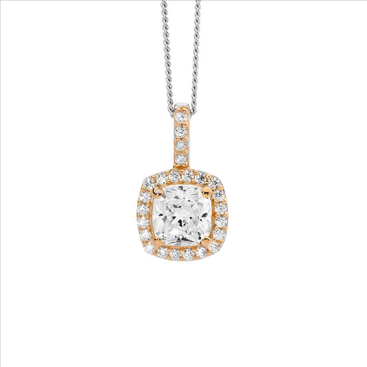 Sterling Silver White 6Mm Cushion Cut Cubic Zirconia Rose Gold Plated With White Cubic Zirconia Surround Outside Pendant
