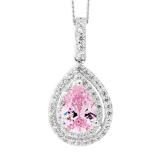 Sterling Silver Light Pink Cubic Zirconia Pear Shape Halo Pendant With White Cubic Zirconia Surrounding Outside
