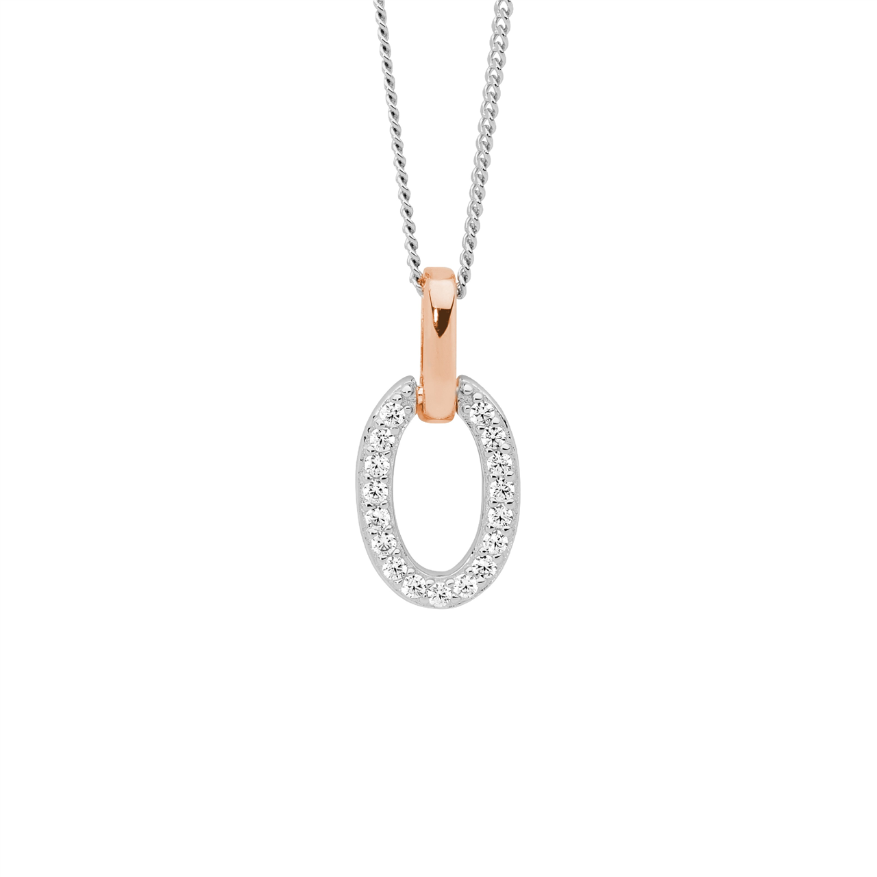 Ss Wh Cz Open Oval Pendant W/Rose Gold Plated Bale