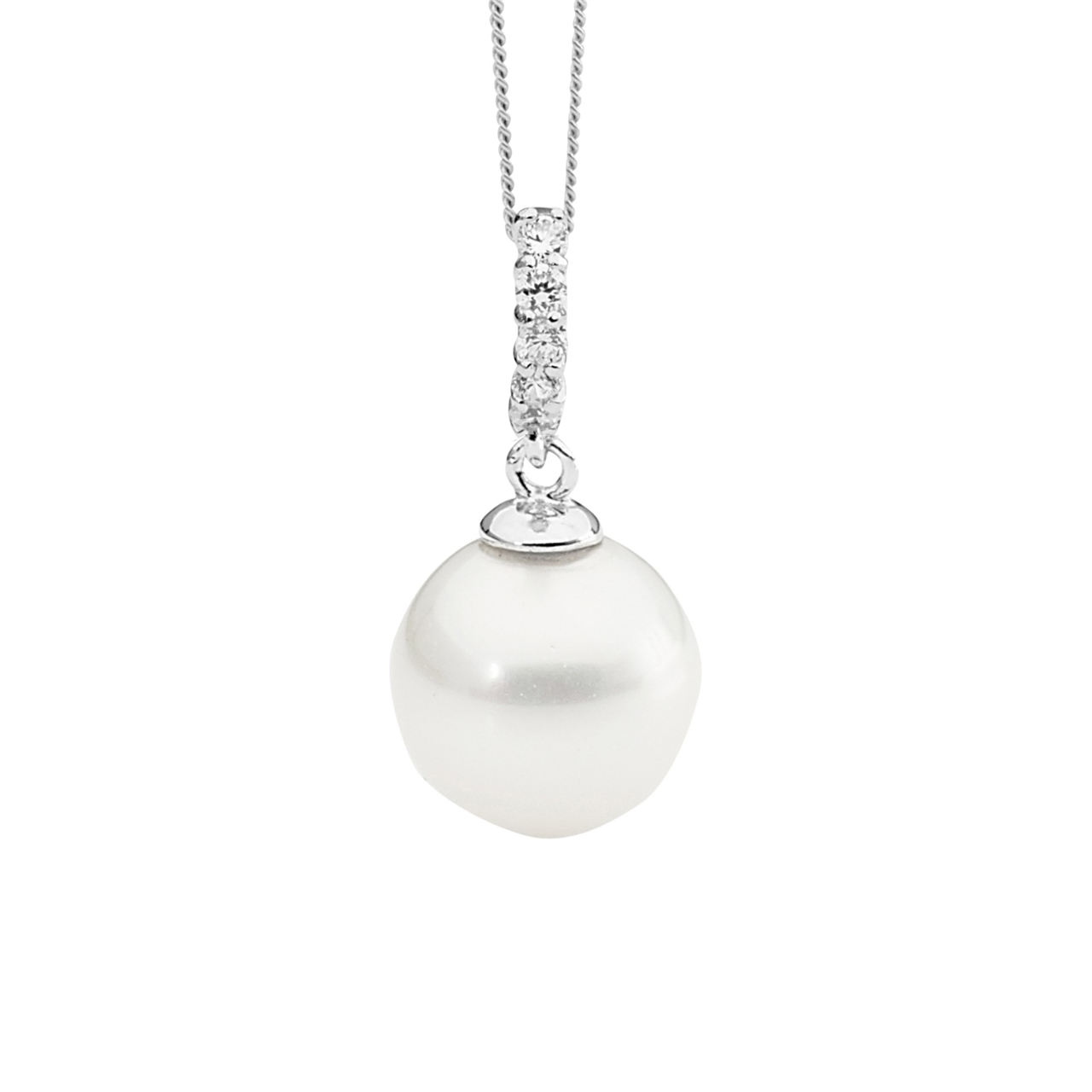 Sterling Silver Wh Cz Drop Pendant W/Round Wh Shell Pearl
