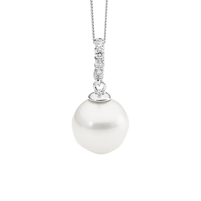 Sterling Silver Wh Cz Drop Pendant W/Round Wh Shell Pearl