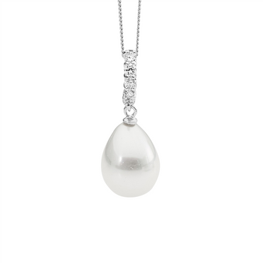 Sterling Silver Wh Cz Drop Pendant W/Round Wh Shell Pearl