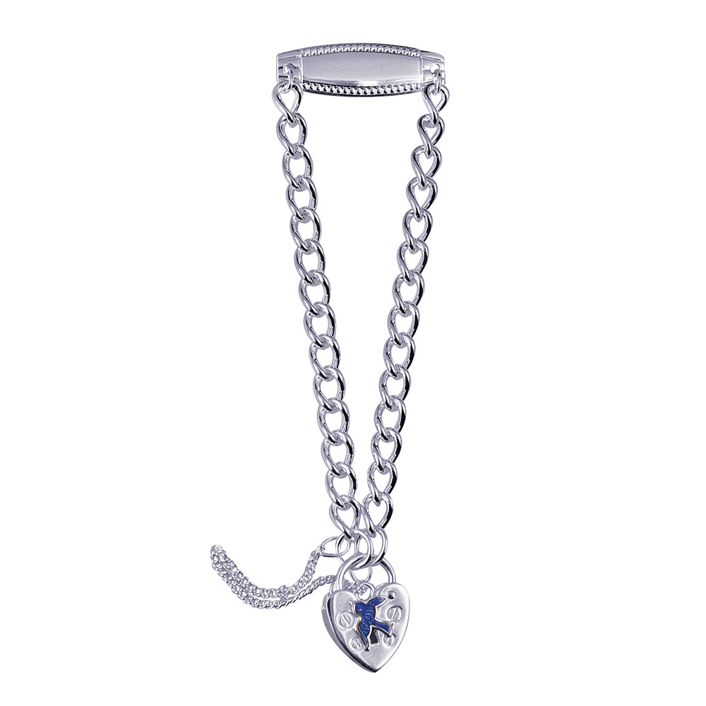 Sterling Silver Child Id Bracelt With A Blue Bird Padlock And Safety Chain