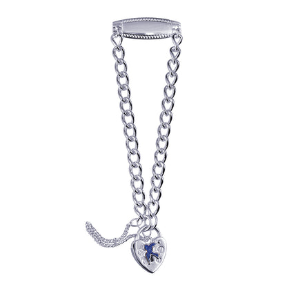 Sterling Silver Child Id Bracelt With A Blue Bird Padlock And Safety Chain