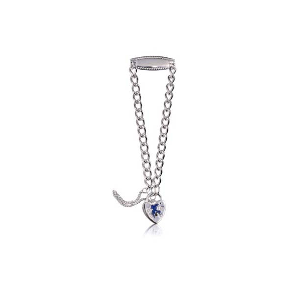 Sterling Silver Child Id Bracelt With A Blue Bird Padlock And Safety Chain